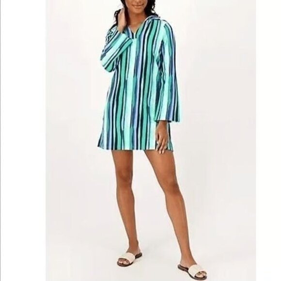 Denim & Co Beach Cover Up Plus Size 1X  Blue Stripe French Terry Womens Hoodie - Picture 1 of 13